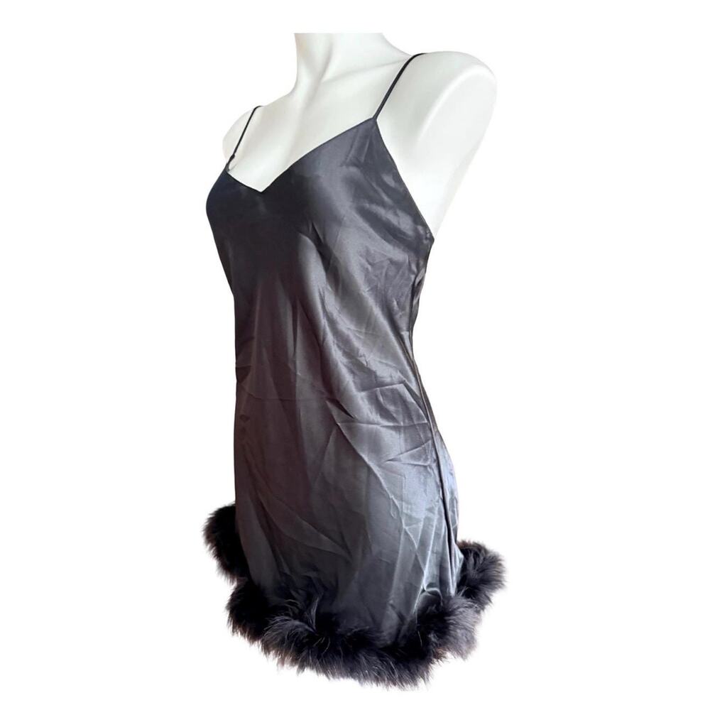 Vintage Val Mode 1980s Black Satin Marabou Feather Gown and Robe Set Medium - Picture 4 of 15